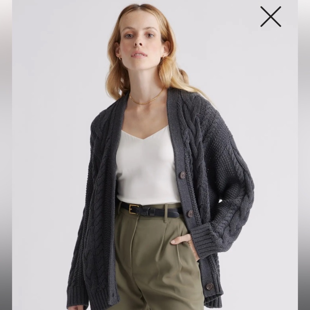 Quince Women Oversized Cable Cardigan Gray Sleeved Top XS